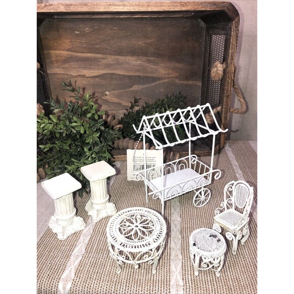 Other - 6 Pcs Miniatures White Metal Flower Cart, 2 Pedestals, Metal Chair and 2 Tables